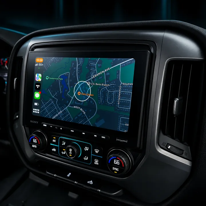 Apple CarPlay maps on an aftermarket touchscreen installed in a truck dash