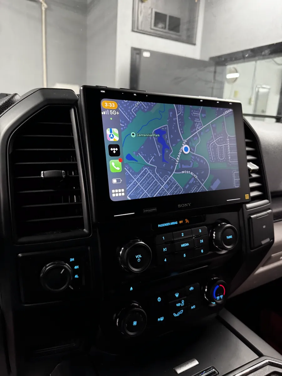 Large Sony touchscreen with wireless Apple CarPlay installed in a Ford F-150 by Xclusive Autosound, Belleville IL