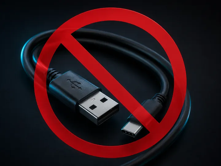 USB cable crossed out with a red circle, showing CarPlay connects wirelessly with no cord