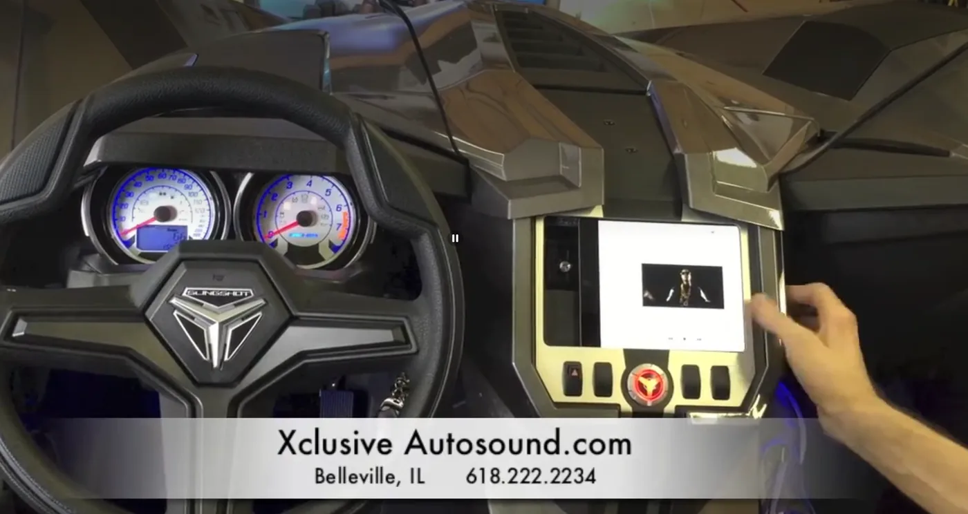 Custom iPad Mini install in a 2015 Polaris Slingshot dash by Xclusive Autosound, Belleville IL